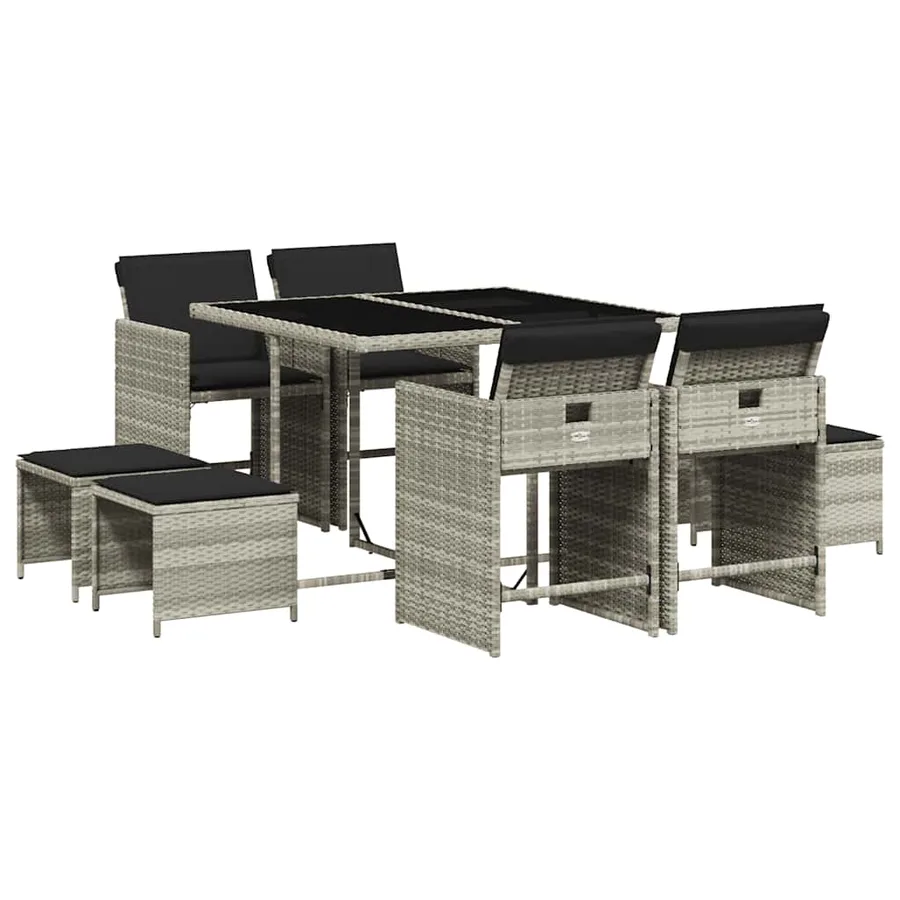 Ensemble à manger de jardin et coussins 9 pcs gris clair rotin - 2