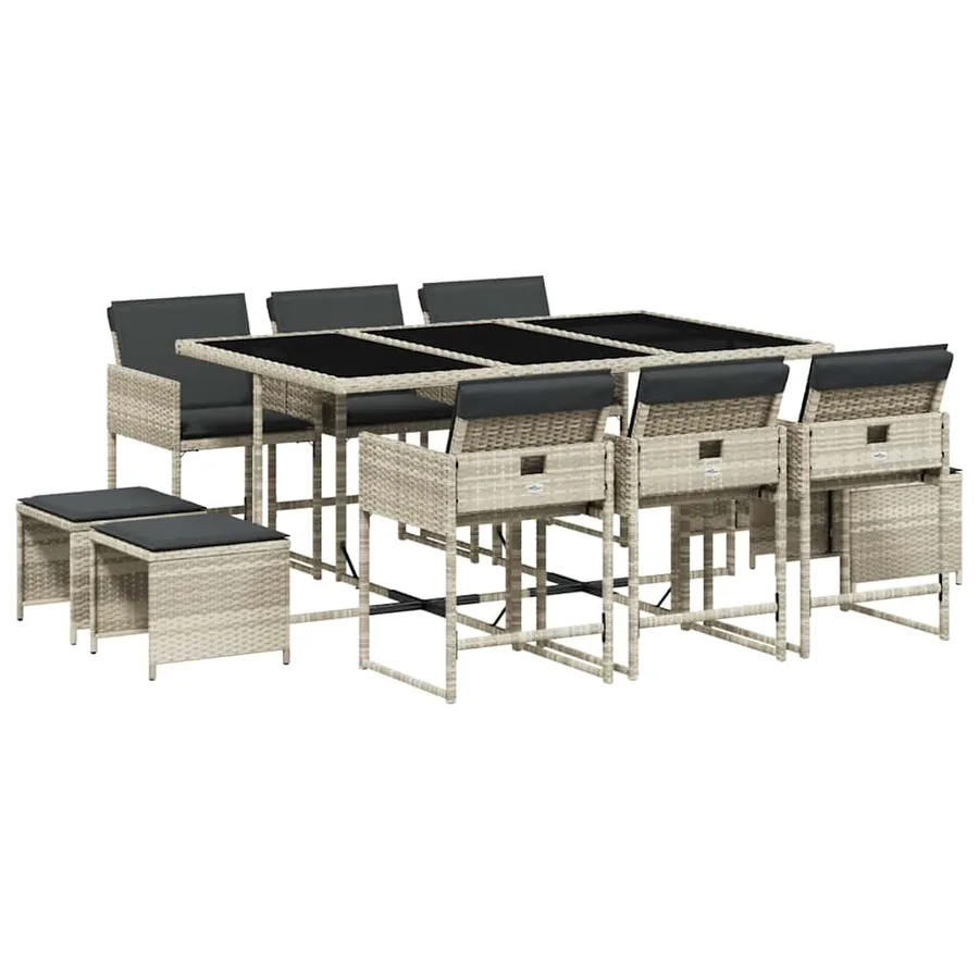 Ensemble à manger de jardin 11pcs avec coussins gris poly rotin - 2