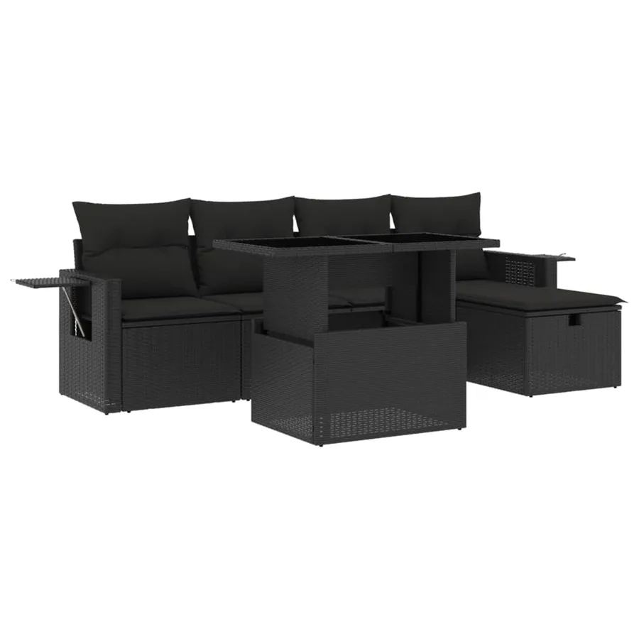 Salon de jardin 6 pcs avec coussins noir résine tressée - 2