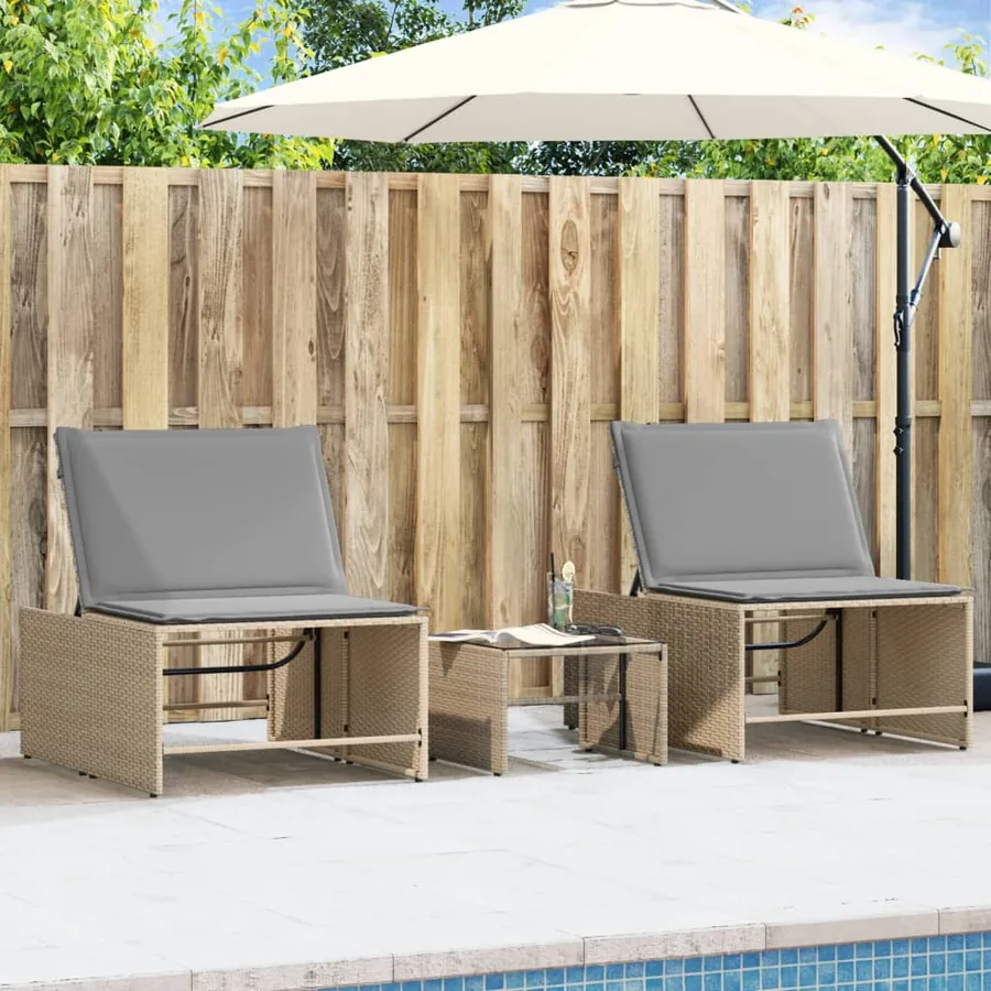 Chaises longues 2 pièces avec table en résine tressée gris clair - 14