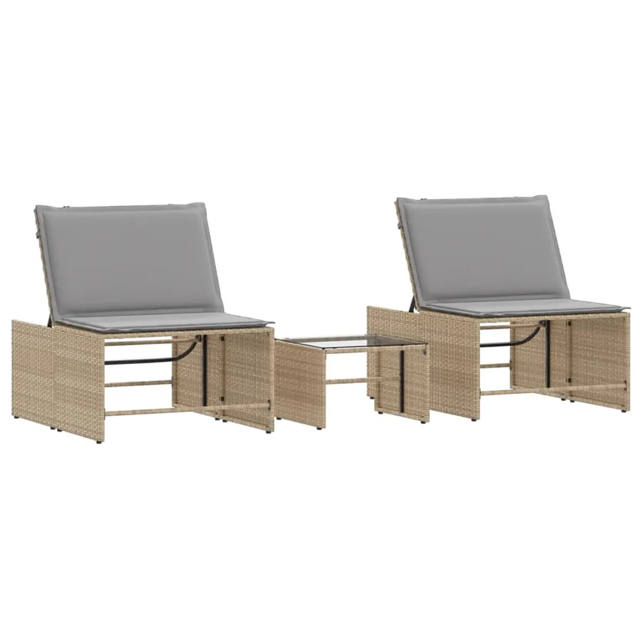 Chaises longues 2 pièces avec table en résine tressée gris clair - 15