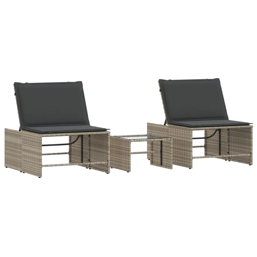 Chaises longues 2 pièces avec table en résine tressée gris clair - 2