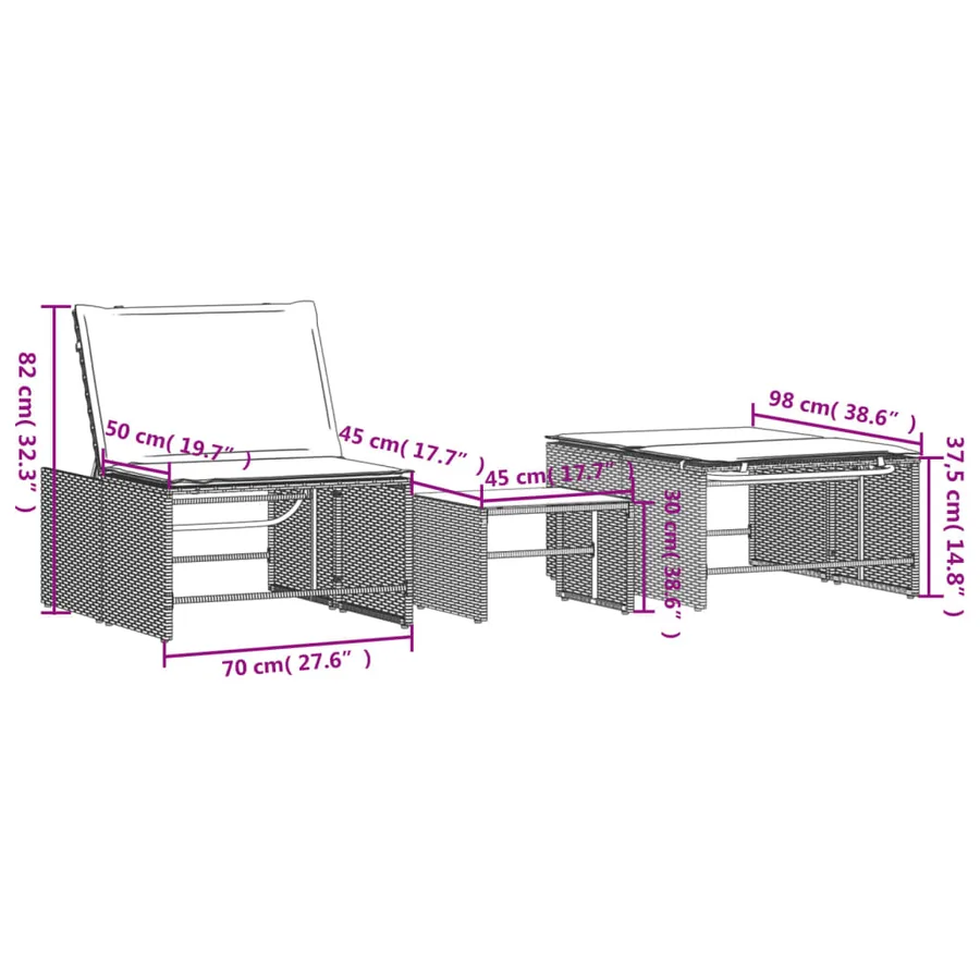 Chaises longues 2 pièces avec table en résine tressée gris clair - 25