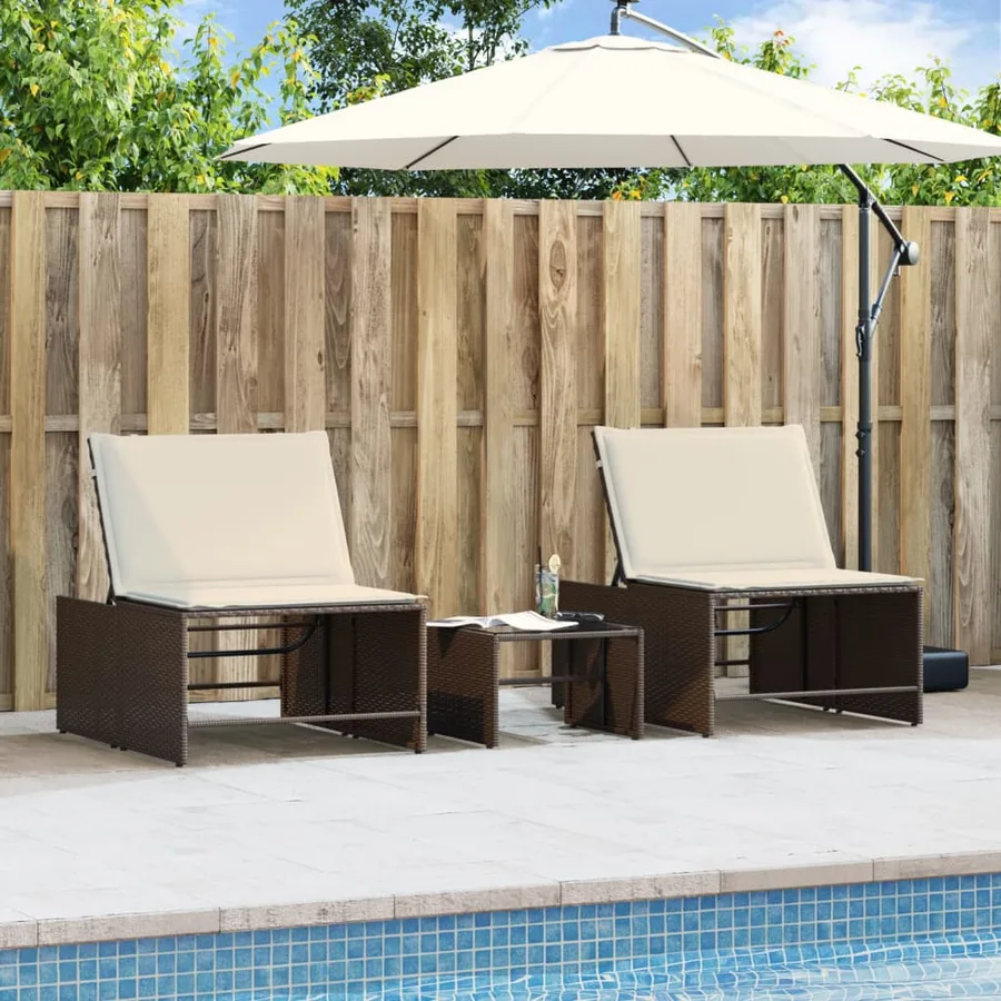 Chaises longues 2 pièces avec table en résine tressée gris clair - 43