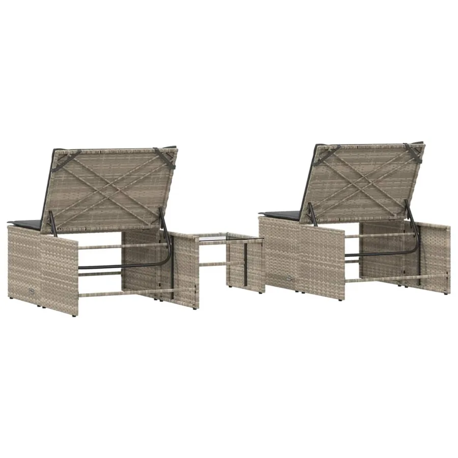 Chaises longues 2 pièces avec table en résine tressée gris clair - 8