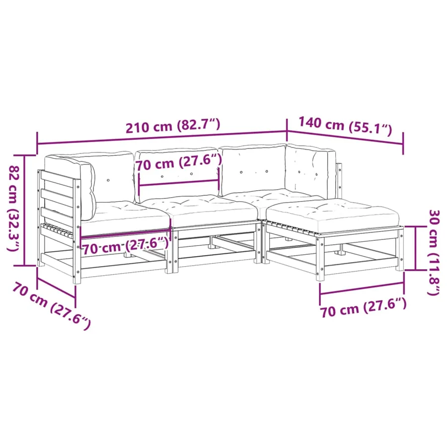 Salon de jardin 4 pcs avec coussins cire marron bois pin massif - 12