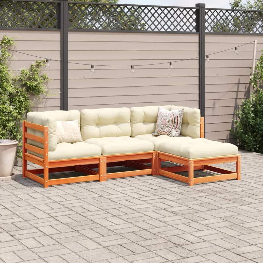 Salon de jardin 4 pcs avec coussins cire marron bois pin massif - 3