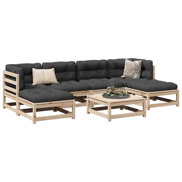 Salon de jardin 7 pcs avec coussins bois de pin massif
