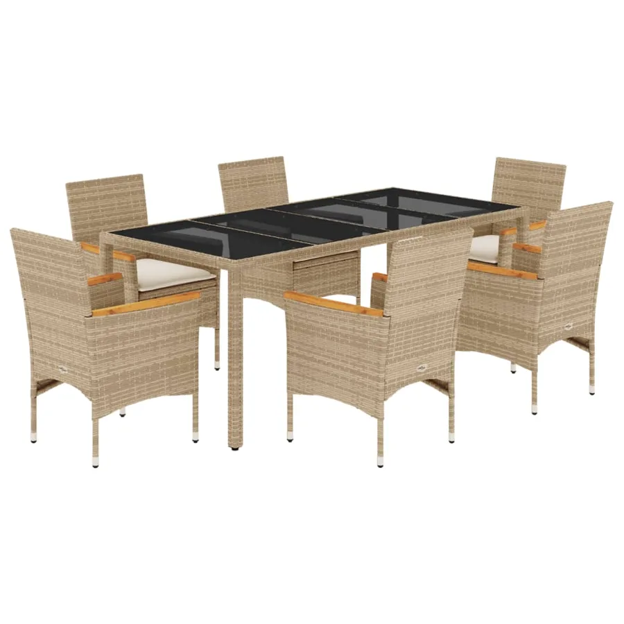 Ensemble à manger de jardin et coussins 7 pcs beige rotin verre - 2