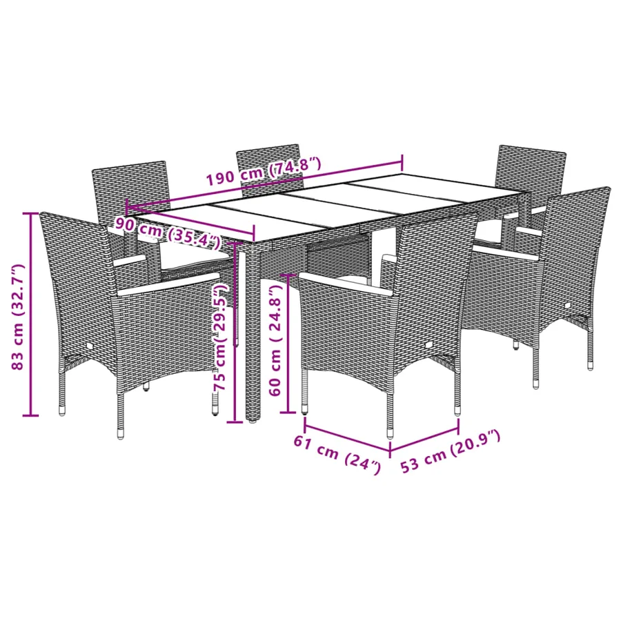 Ensemble à manger de jardin et coussins 7 pcs beige rotin verre - 7