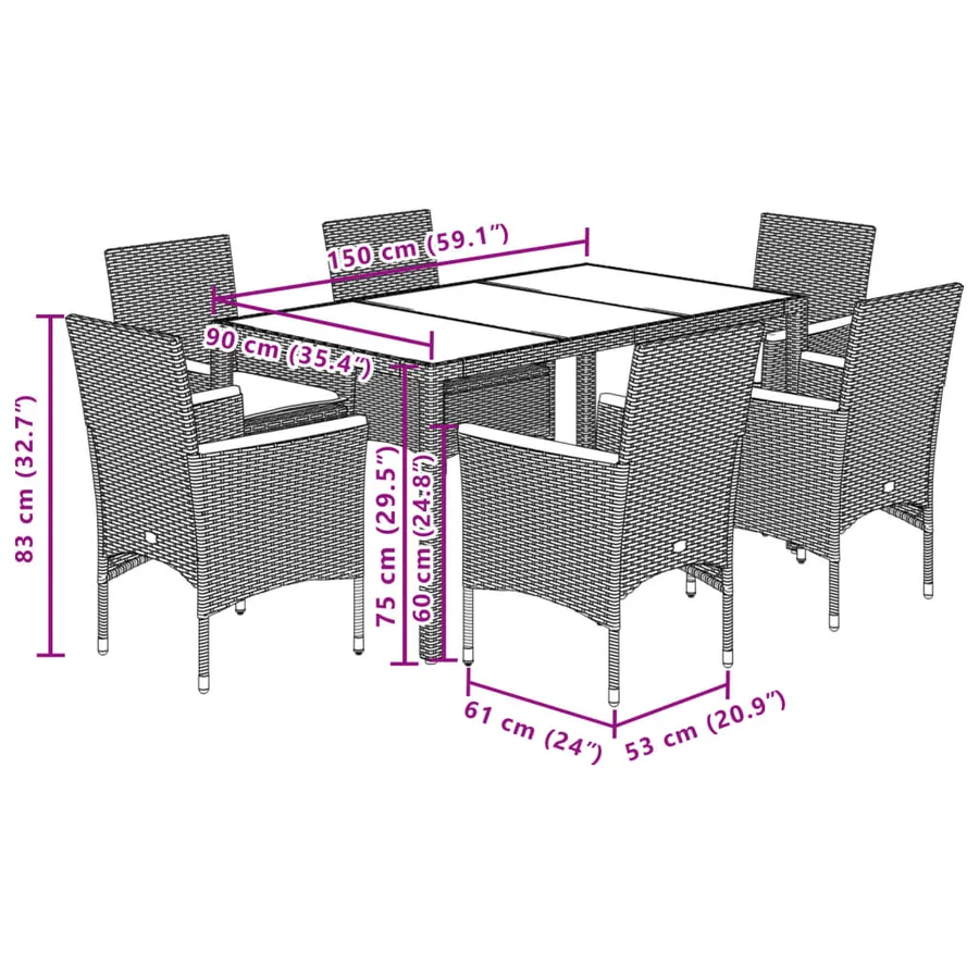 Ensemble à manger de jardin et coussins 7 pcs gris rotin verre - 7