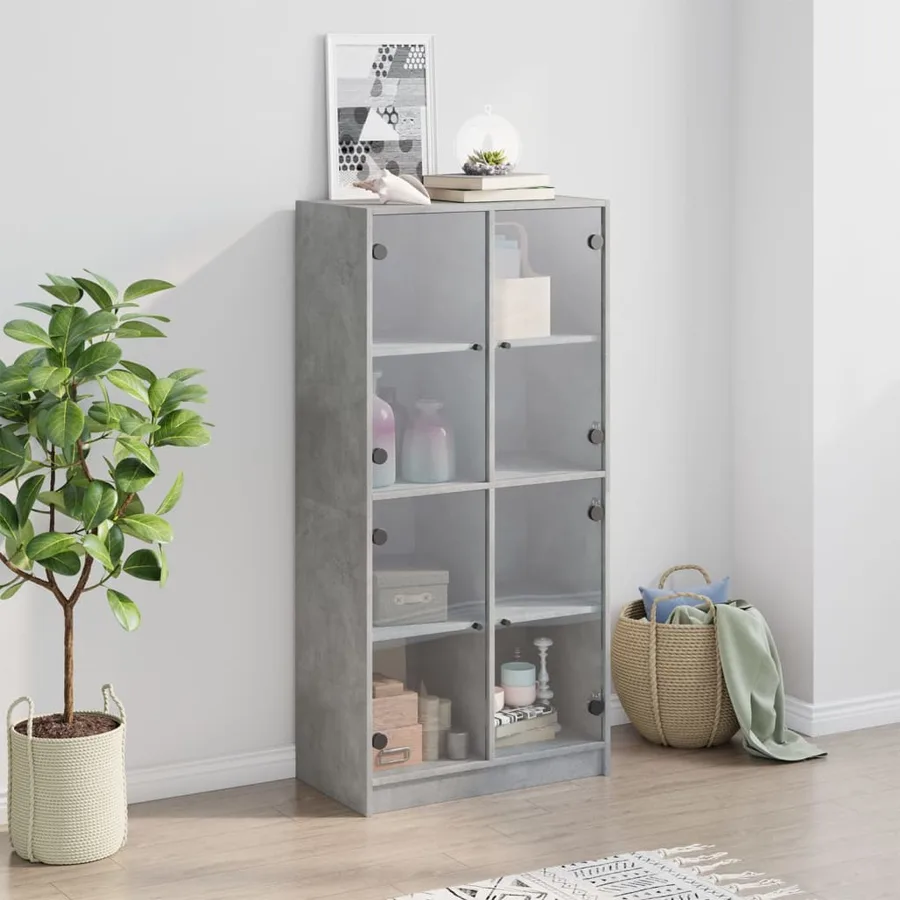 Buffet haut avec portes gris béton 68x37x142 cm bois ingénierie - 3