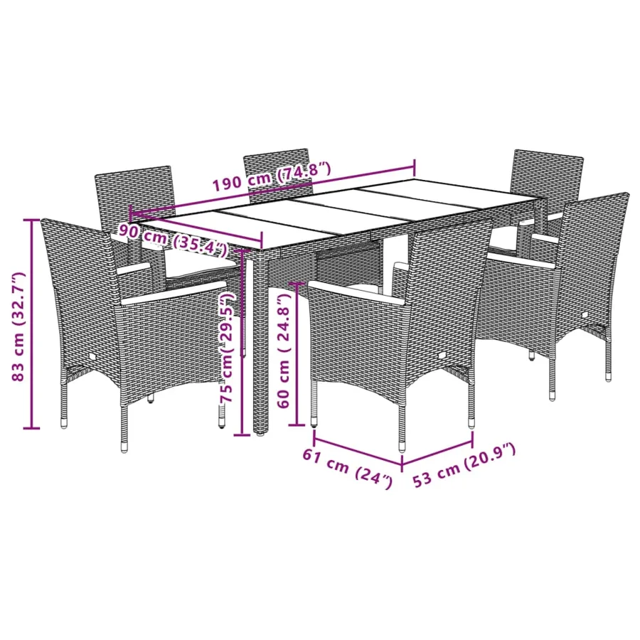 Ensemble à manger de jardin et coussins 7 pcs gris rotin acacia - 7