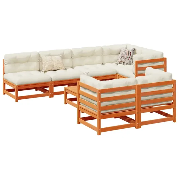 Salon de jardin 8 pcs avec coussins marron cire bois pin massif