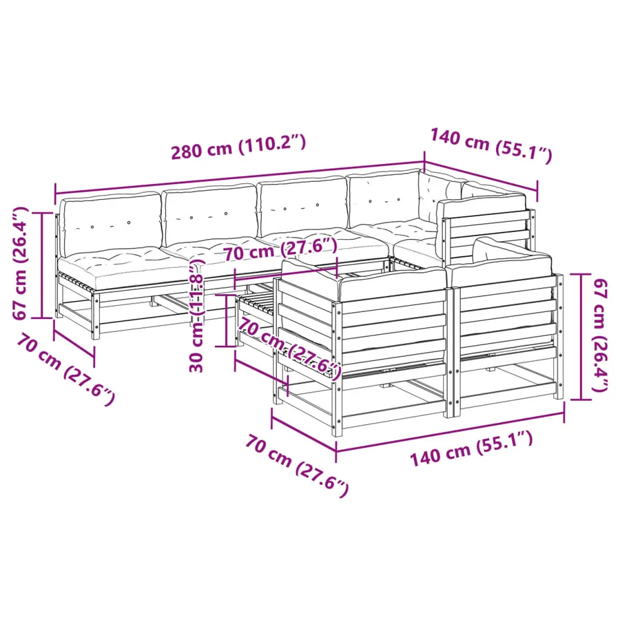 Salon de jardin 8 pcs avec coussins marron cire bois pin massif - 11