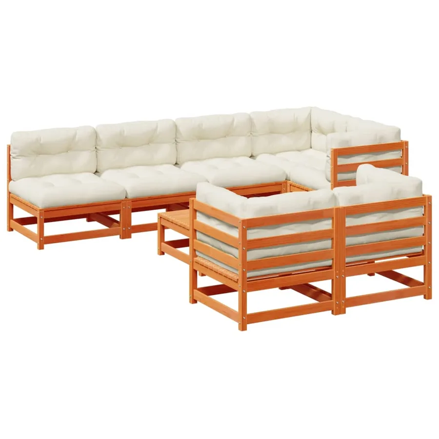 Salon de jardin 8 pcs avec coussins marron cire bois pin massif - 2