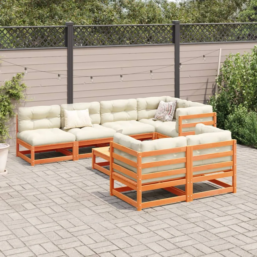 Salon de jardin 8 pcs avec coussins marron cire bois pin massif - 3