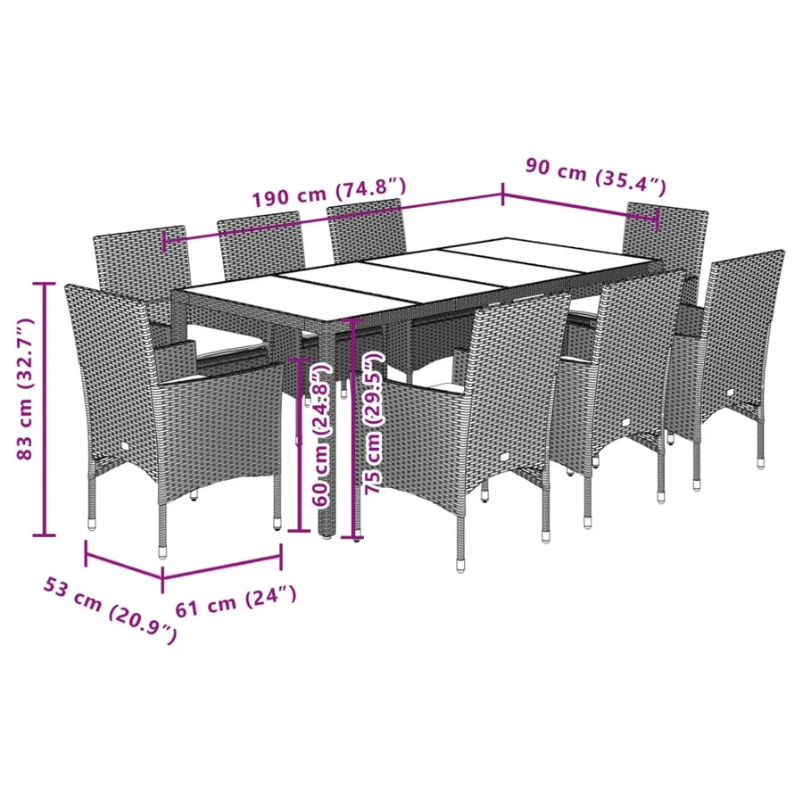Ensemble à manger de jardin et coussins 9 pcs gris rotin acacia - 7