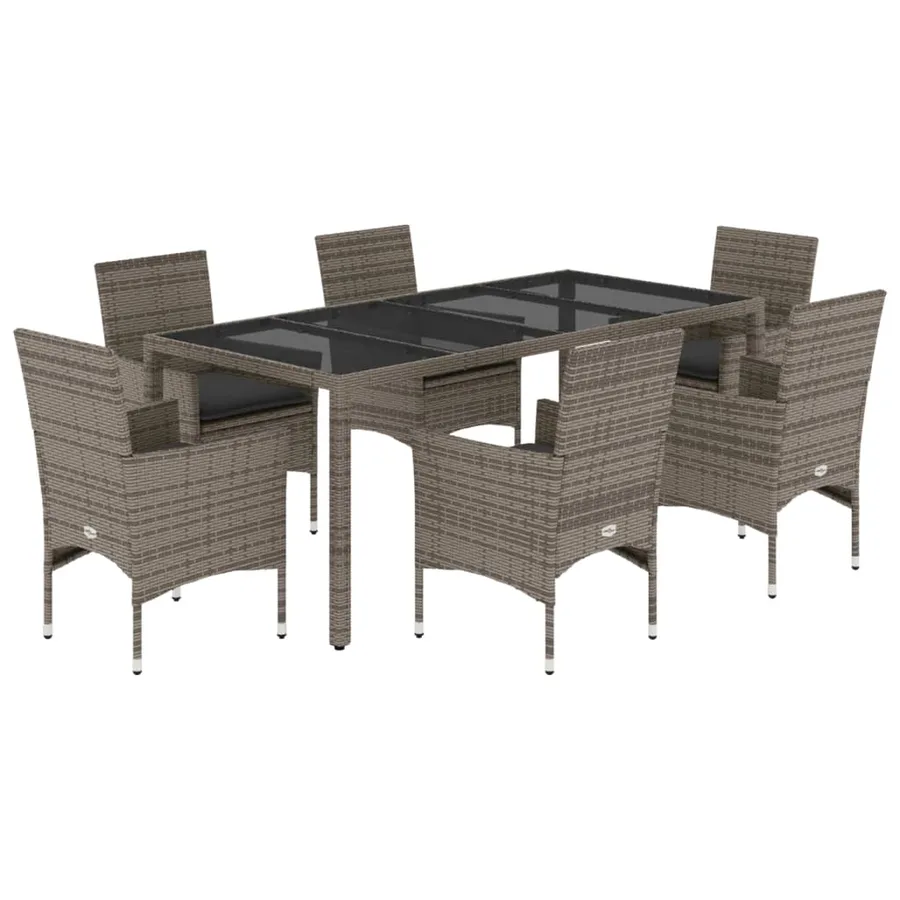 Ensemble à manger de jardin et coussins 7 pcs gris rotin verre - 2