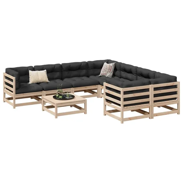 Salon de jardin 9 pcs avec coussins bois de pin massif