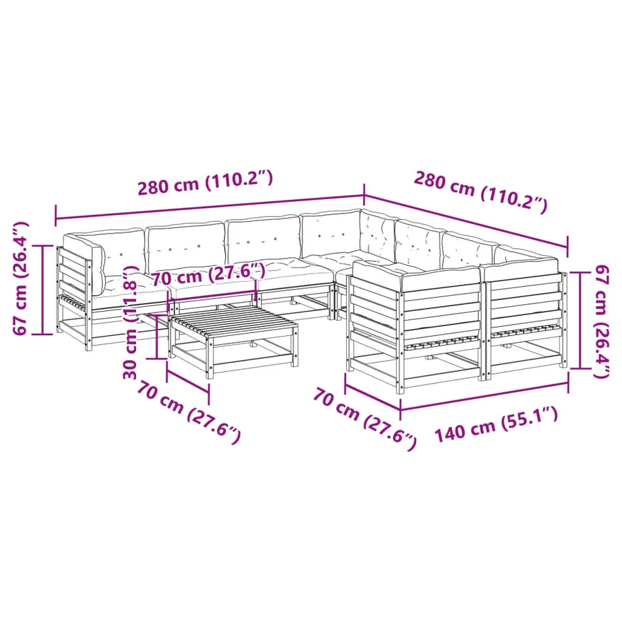 Salon de jardin 9 pcs avec coussins bois de pin massif - 11