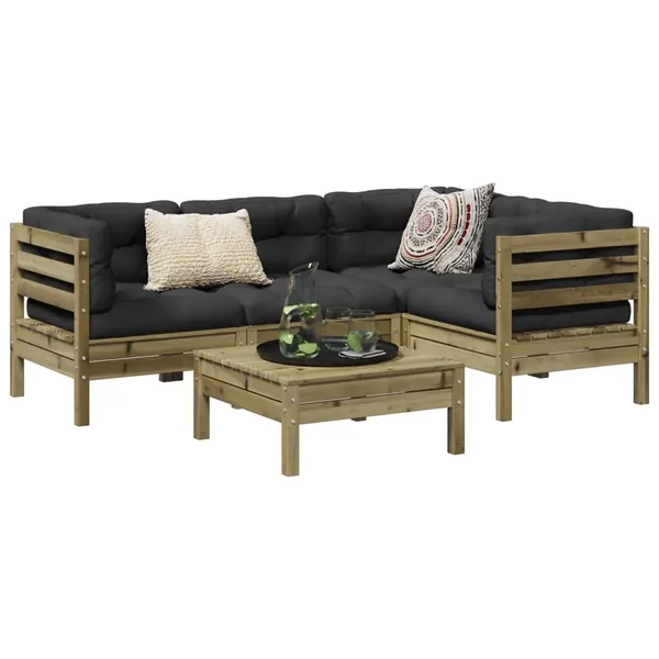 Salon de jardin 5 pcs avec coussins bois de pin imprégné