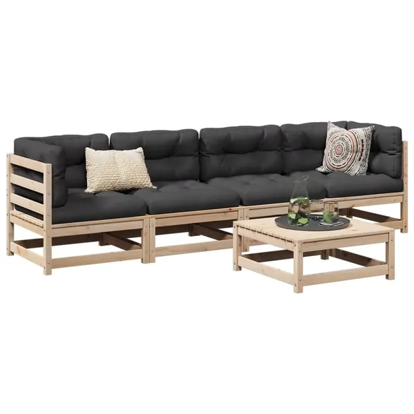 Salon de jardin 5 pcs avec coussins bois de pin massif