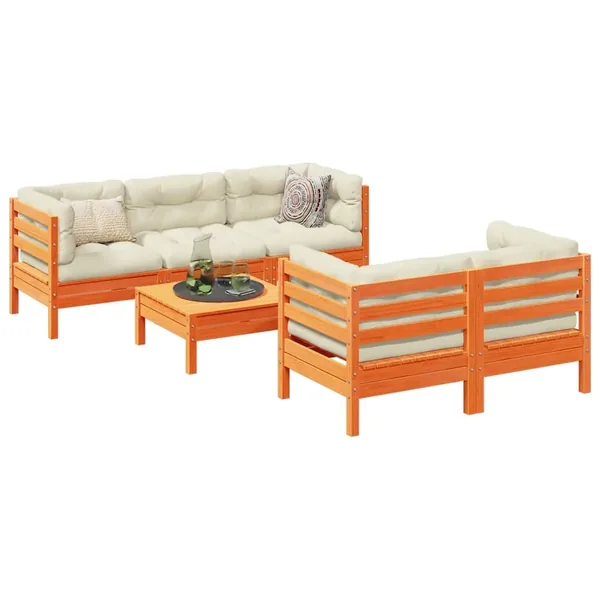 Salon de jardin 6 pcs avec coussins cire marron bois pin massif