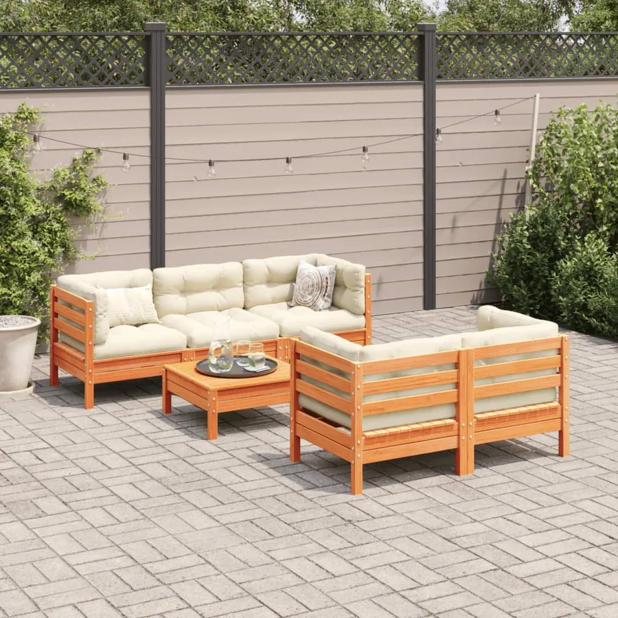 Salon de jardin 6 pcs avec coussins cire marron bois pin massif - 3