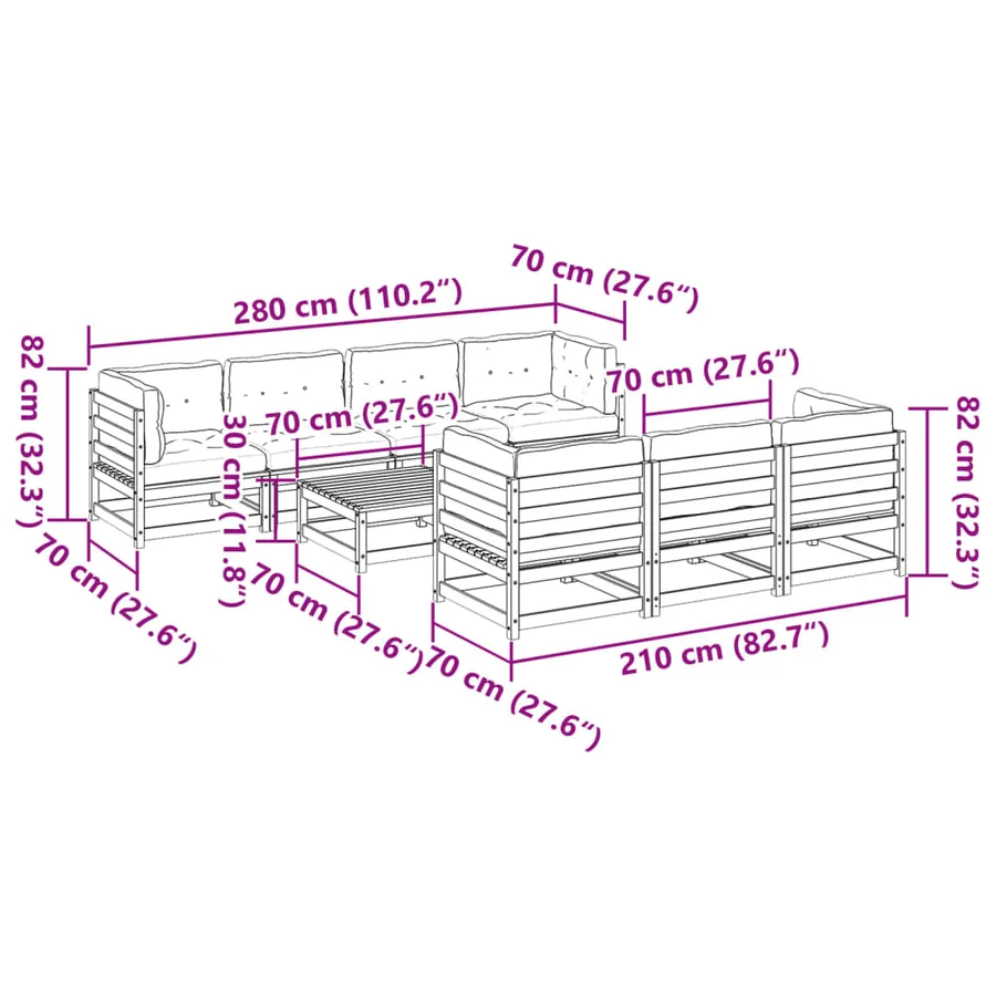 Salon de jardin 8 pcs avec coussins sapin douglas solide - 12