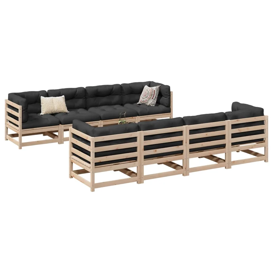 Salon de jardin 9 pcs avec coussins bois de pin massif