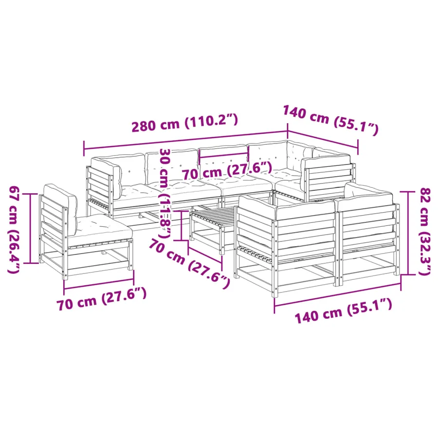 Salon de jardin 9 pcs avec coussins bois de pin massif - 12