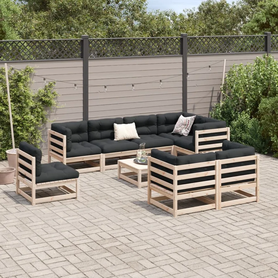 Salon de jardin 9 pcs avec coussins bois de pin massif - 3