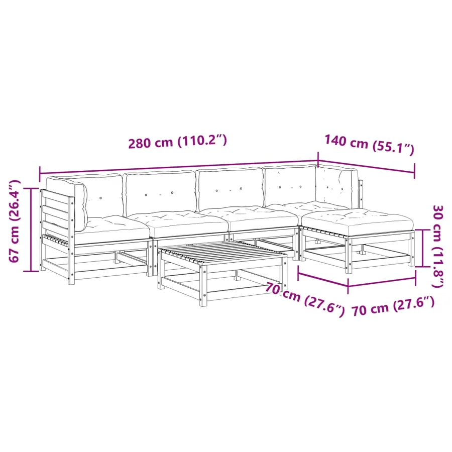 Salon de jardin 6 pcs avec coussins bois de pin massif - 14