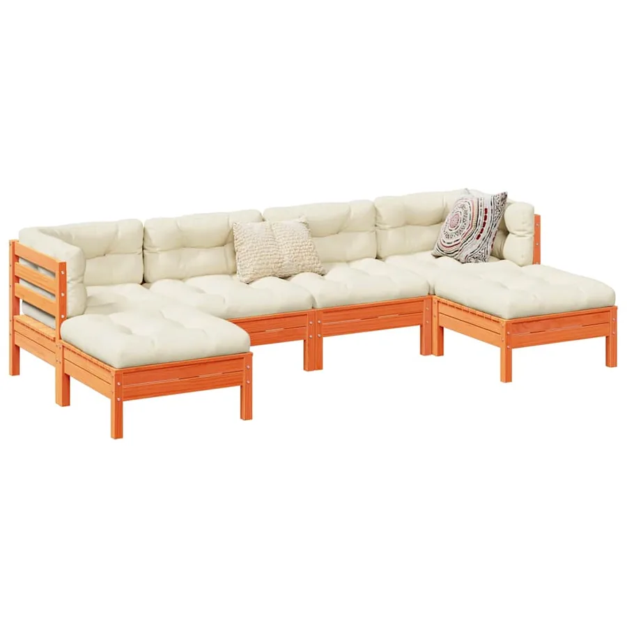 Salon de jardin 6 pcs avec coussins cire marron bois pin massif