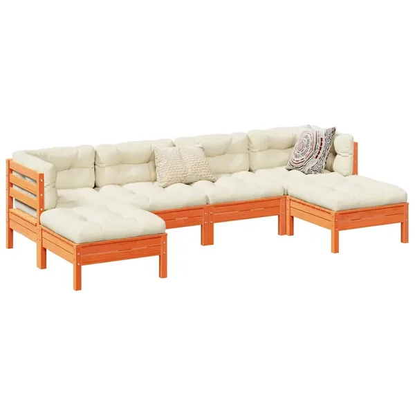 Salon de jardin 6 pcs avec coussins cire marron bois pin massif