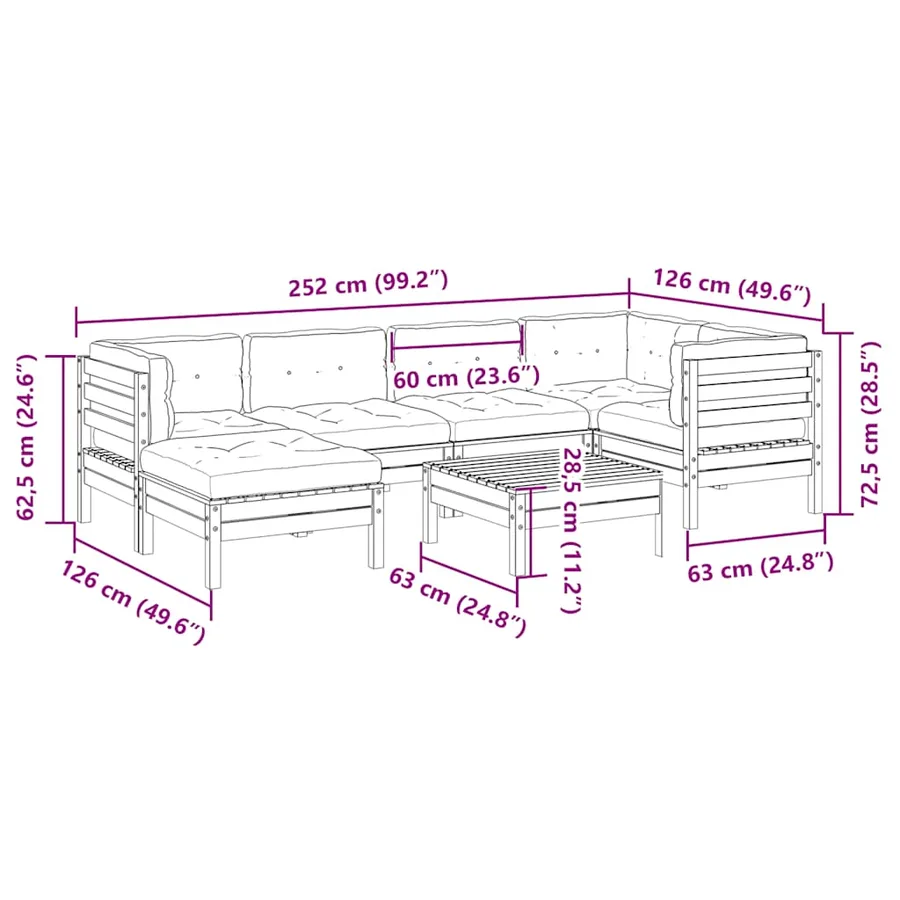 Salon de jardin 7 pcs avec coussins cire marron bois pin massif - 14