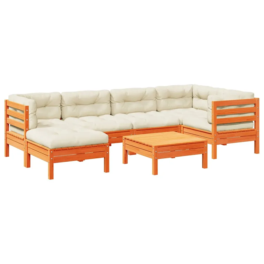 Salon de jardin 7 pcs avec coussins cire marron bois pin massif - 2