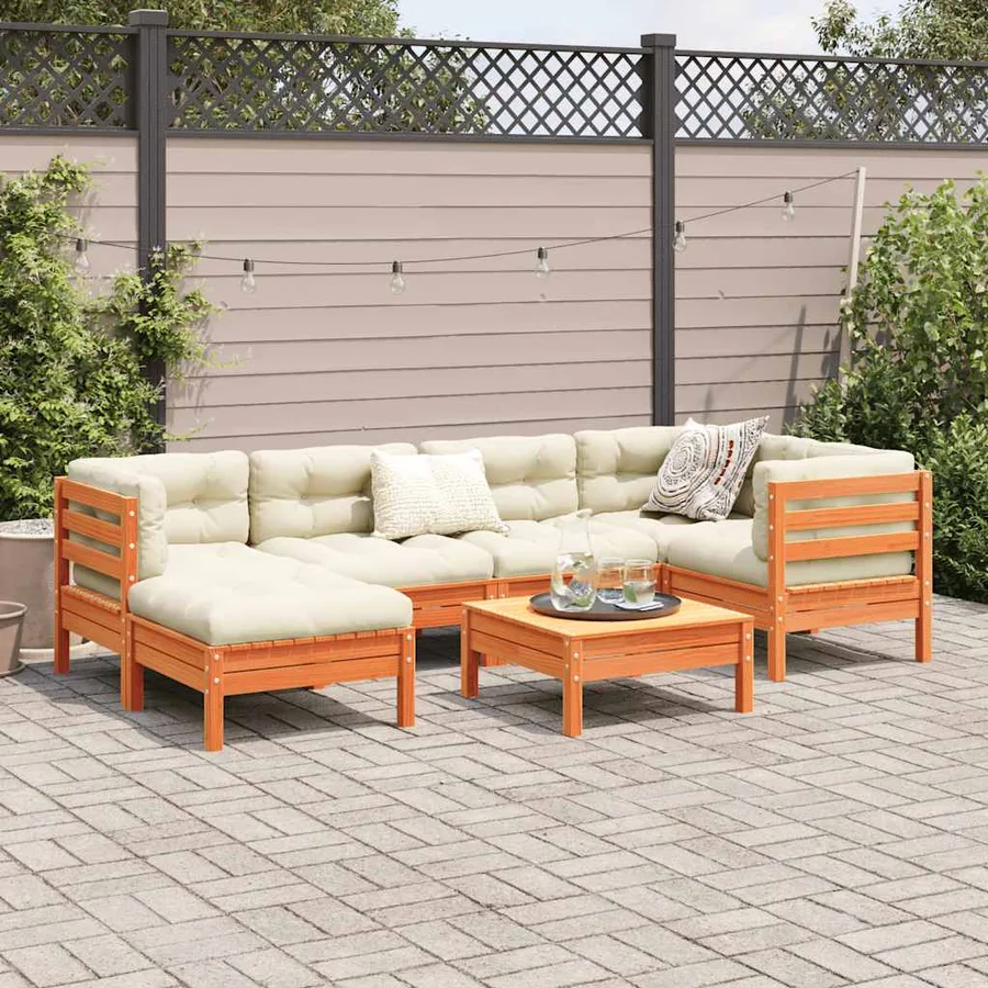Salon de jardin 7 pcs avec coussins cire marron bois pin massif - 3