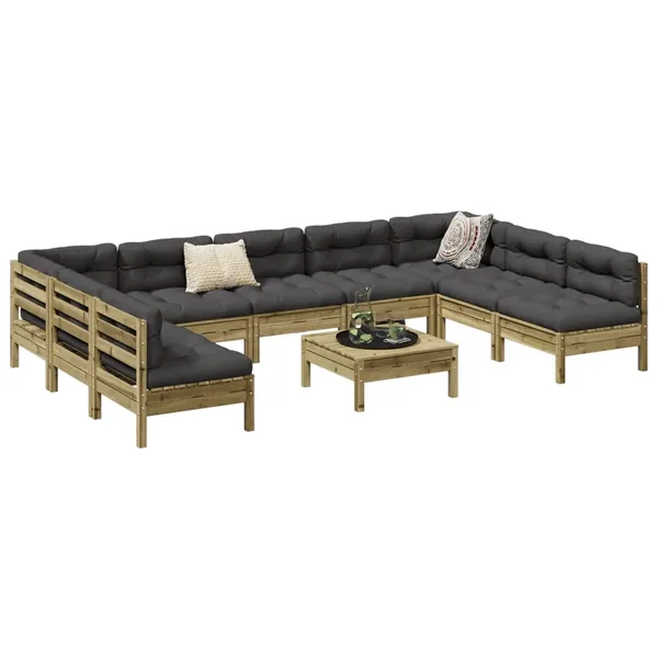 Salon de jardin avec coussins 10 pcs bois de pin imprégné