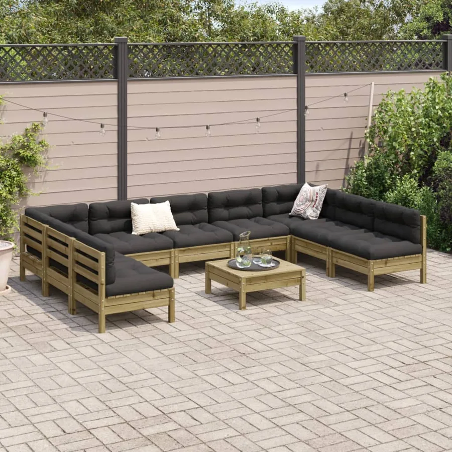 Salon de jardin avec coussins 10 pcs bois de pin imprégné - 3