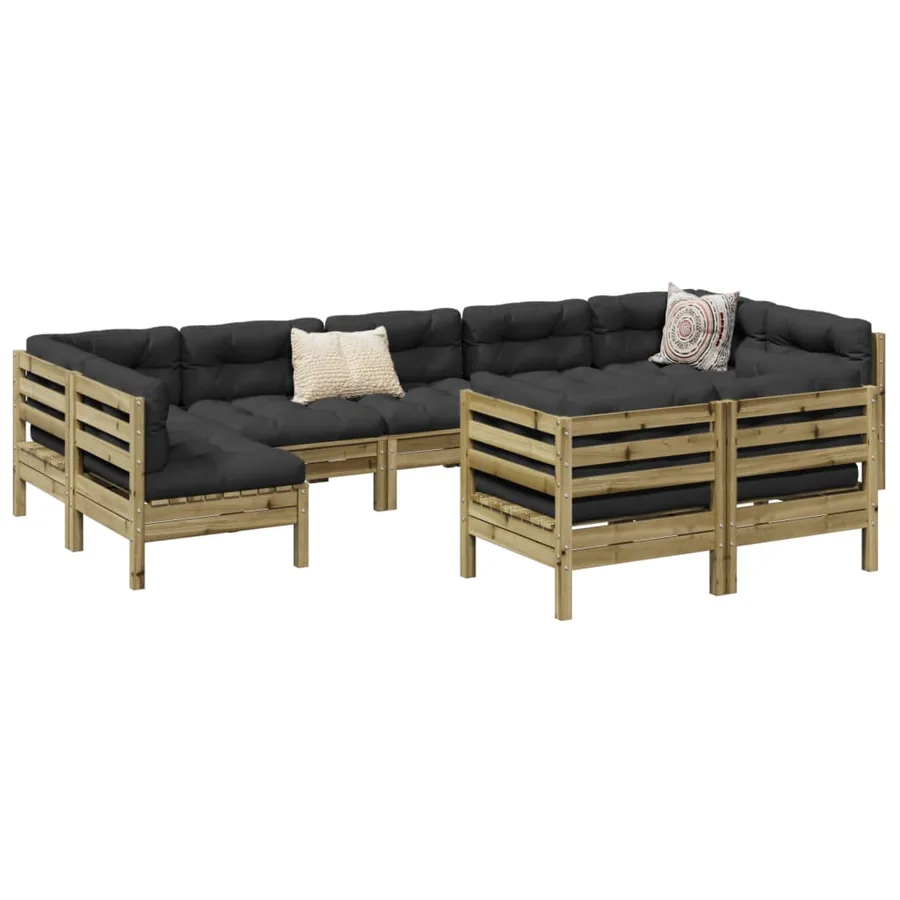 Salon de jardin 9 pcs avec coussins bois de pin imprégné