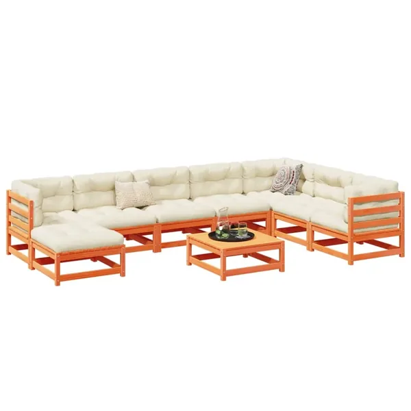 Salon de jardin 9 pcs avec coussins marron cire bois pin massif