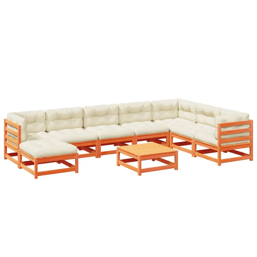 Salon de jardin 9 pcs avec coussins marron cire bois pin massif - 2