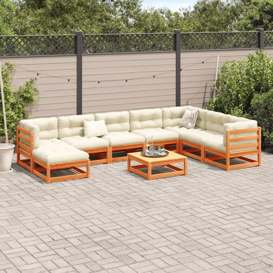 Salon de jardin 9 pcs avec coussins marron cire bois pin massif - 3