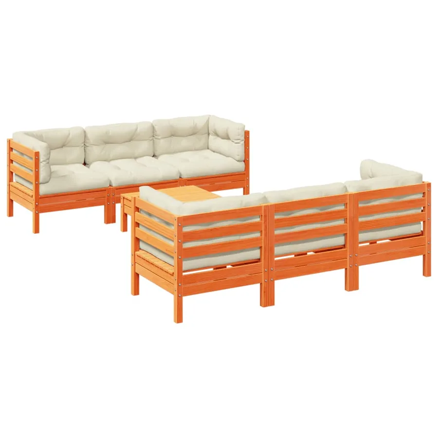 Salon de jardin 7 pcs avec coussins cire marron bois pin massif - 2