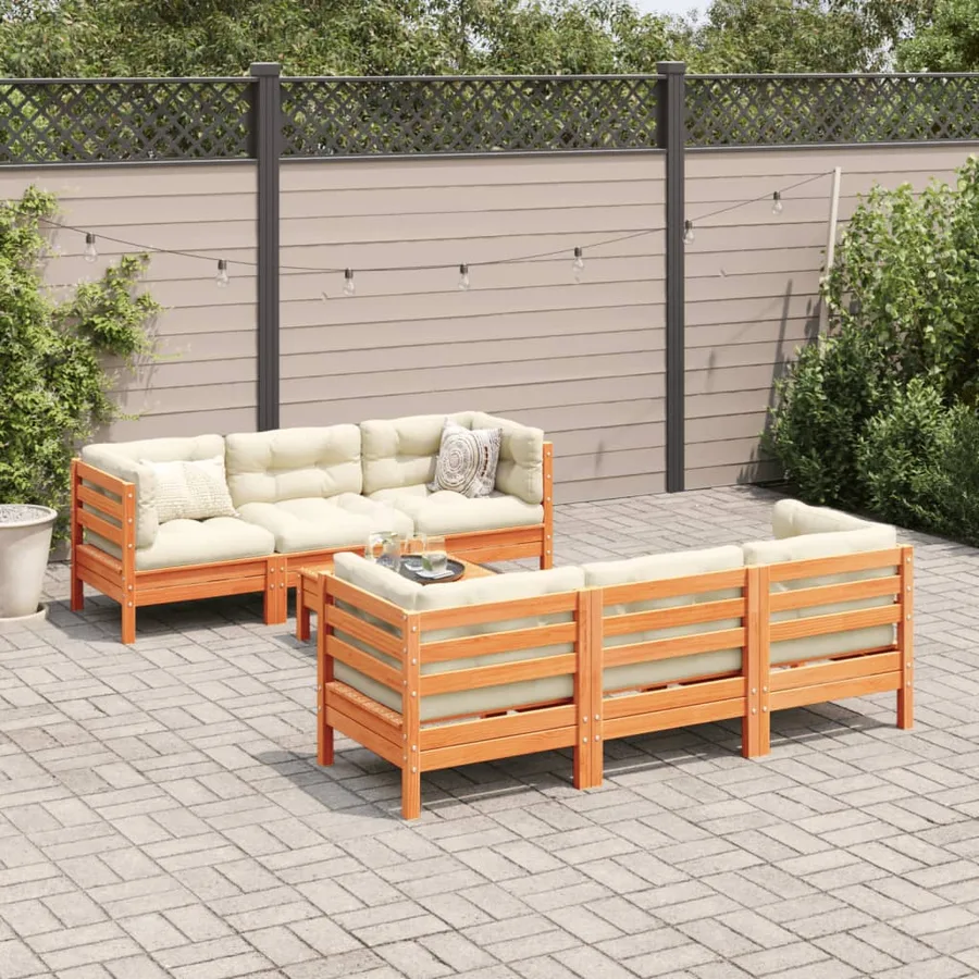 Salon de jardin 7 pcs avec coussins cire marron bois pin massif - 3