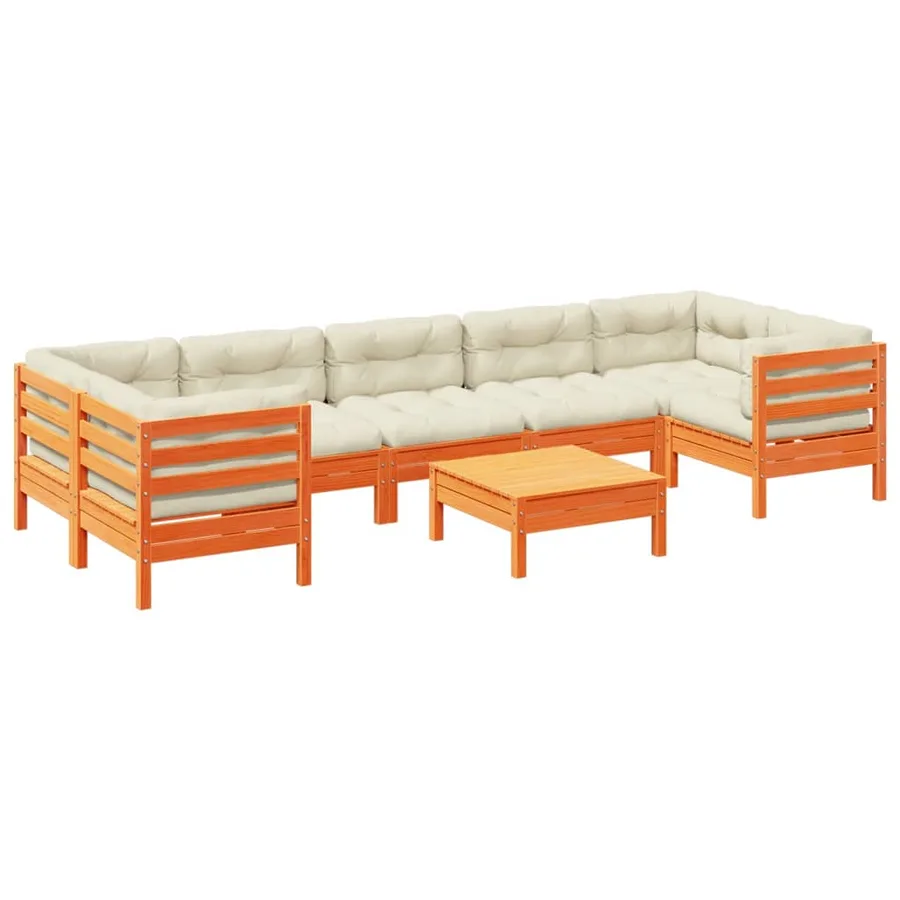 Salon de jardin 8 pcs avec coussins marron cire bois pin massif - 2
