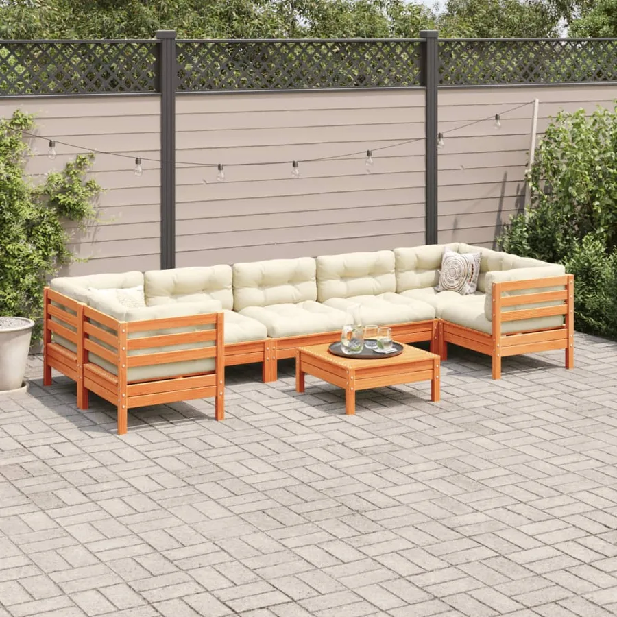 Salon de jardin 8 pcs avec coussins marron cire bois pin massif - 3