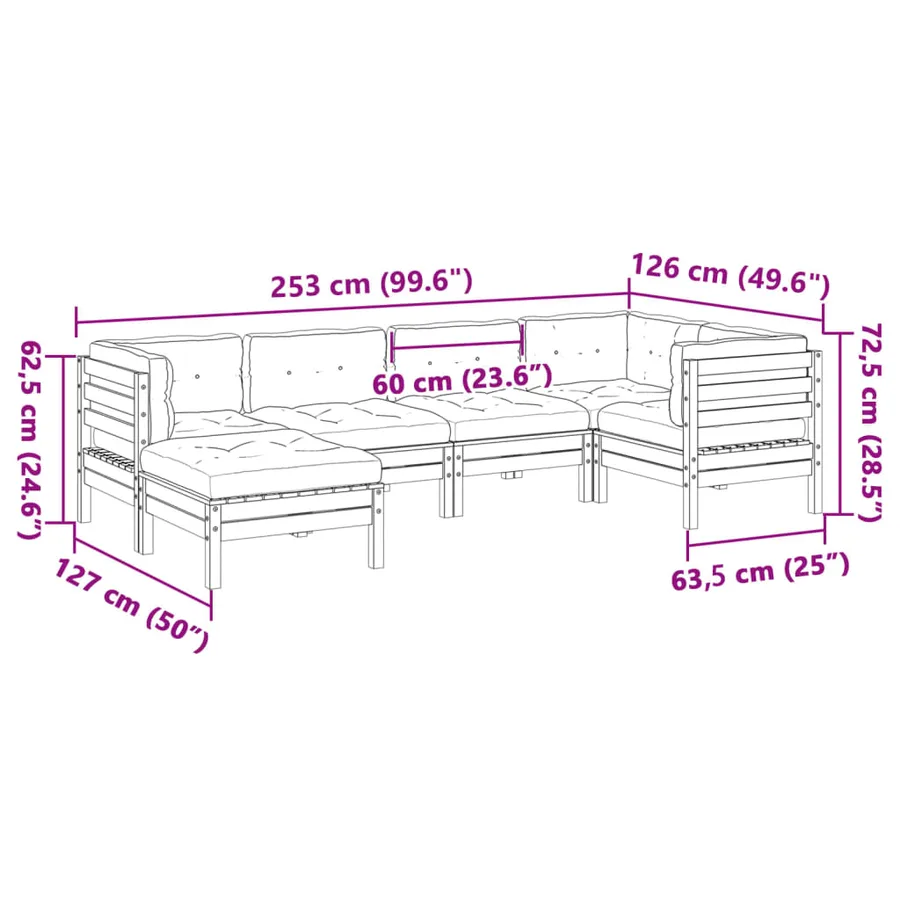 Salon de jardin 6 pcs avec coussins cire marron bois pin massif - 12